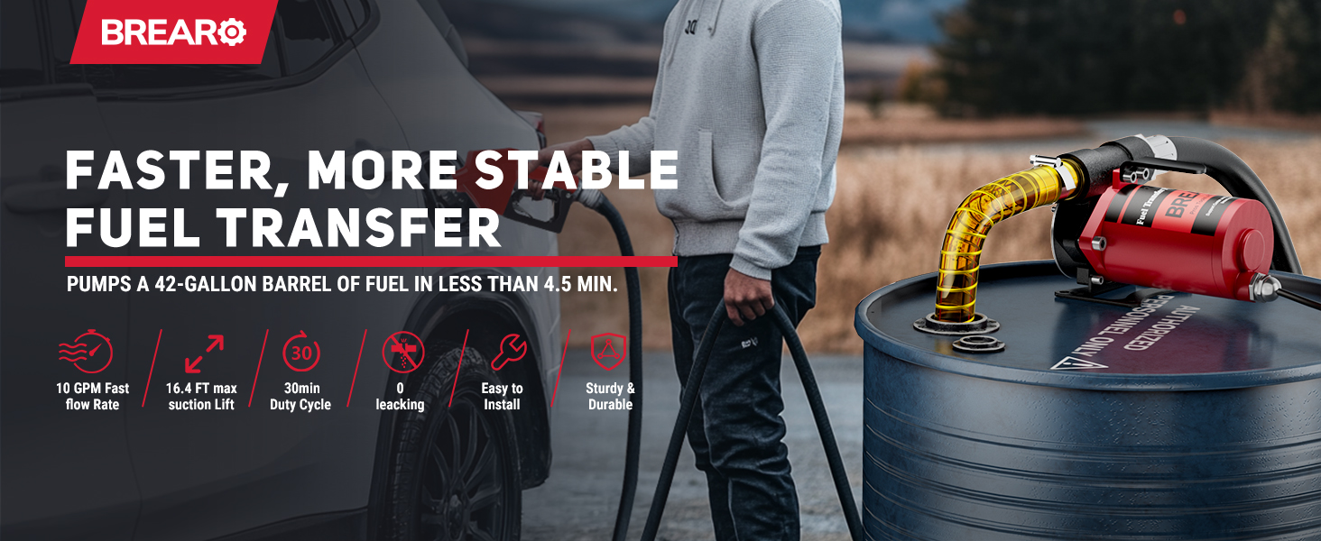 A fuel transfer pump in action, transferring fuel from a 42-gallon barrel to a car, highlighting the high-speed performance with a 10 GPM flow rate and 16.4 FT max suction lift. Features a sturdy design for easy installation.