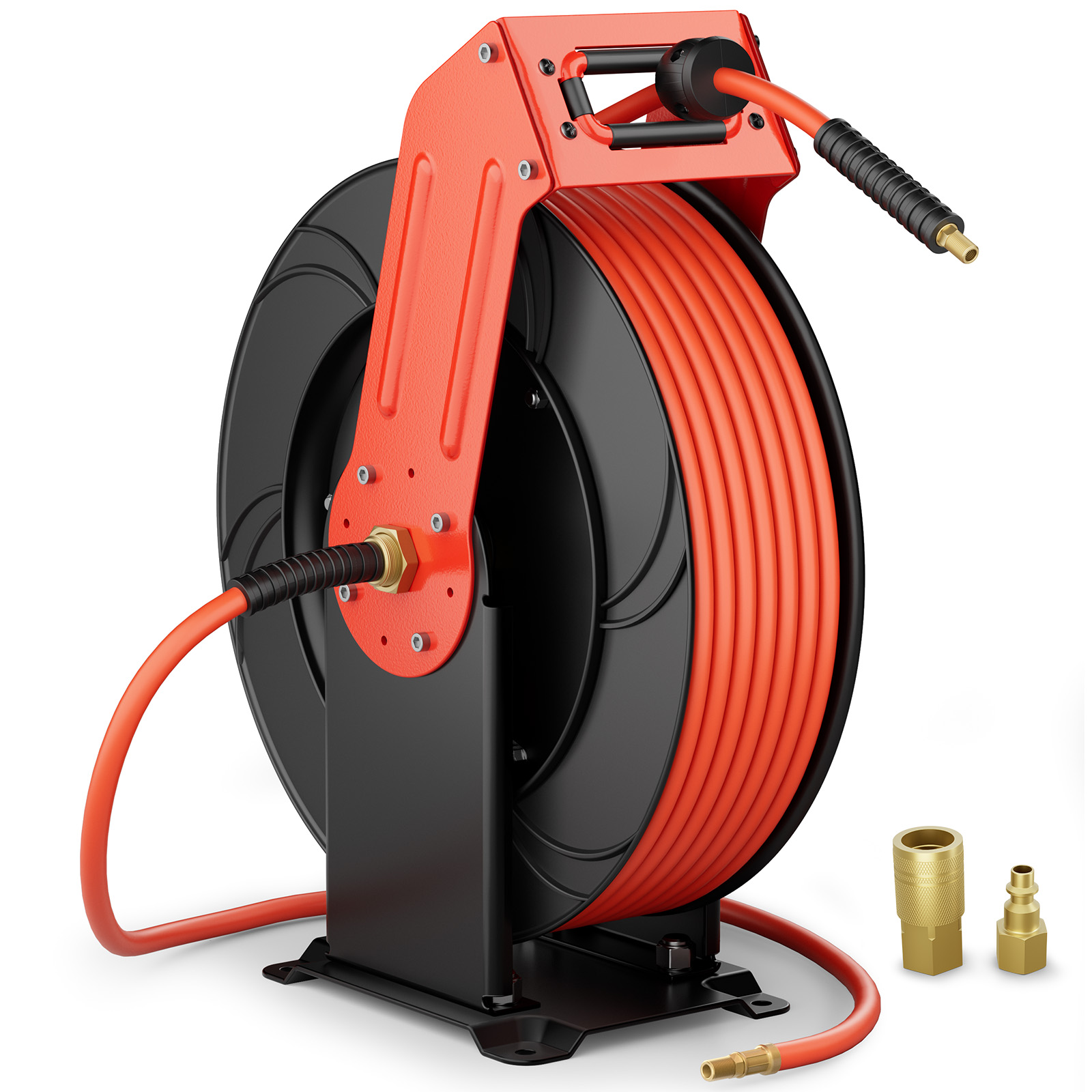 Heavy-duty retractable air hose reel with a dual-arm design, featuring a 65 ft orange hose, durable steel frame, and brass fittings for versatile wall, ceiling, or floor mounting.