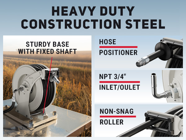 Heavy-duty fuel hose reel with spring tension adjustment, non-snag roller, hose positioner, sturdy base with fixed shaft, and NPT 3/4'' inlet/outlet, designed for industrial and harsh environments.