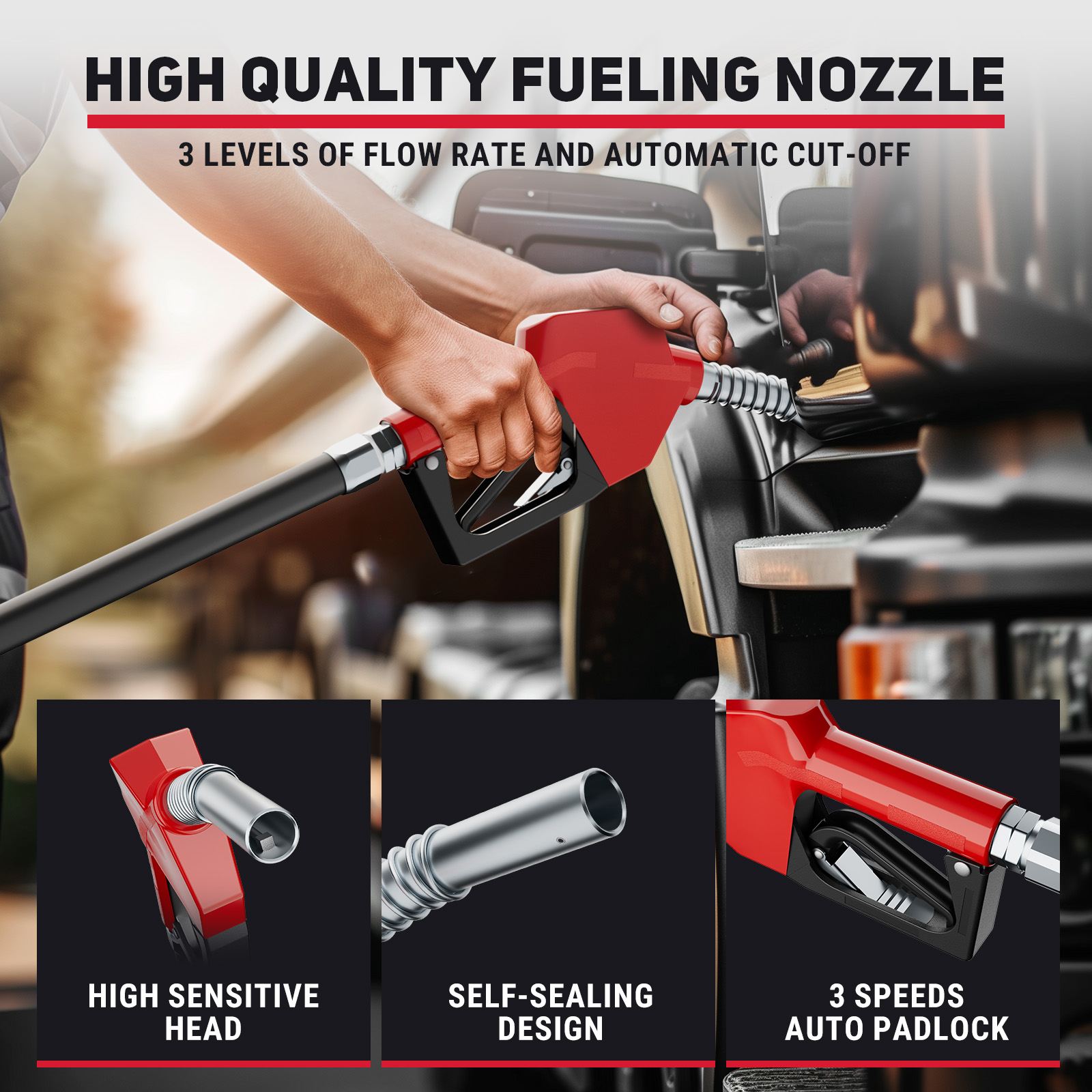 High-quality fueling nozzle featuring 3 flow rate levels, automatic cut-off, high-sensitive head, self-sealing design, and 3-speed auto padlock for efficient and hands-free fueling.