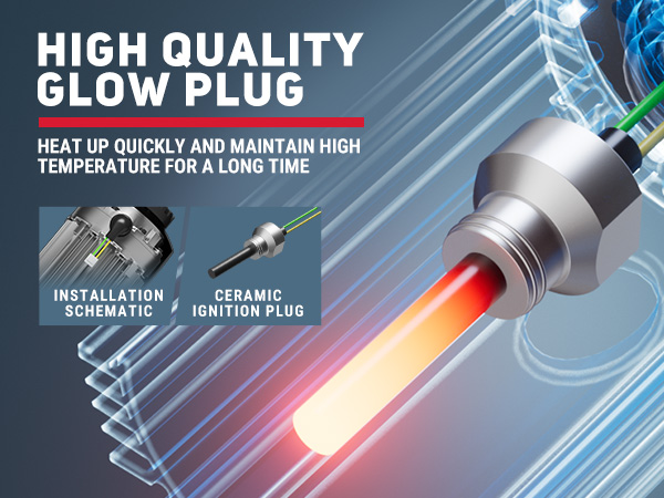 High-quality ceramic glow plug for diesel heaters, designed to heat up quickly and maintain high temperatures, featuring installation schematic and close-up of the glowing ignition plug in operation.