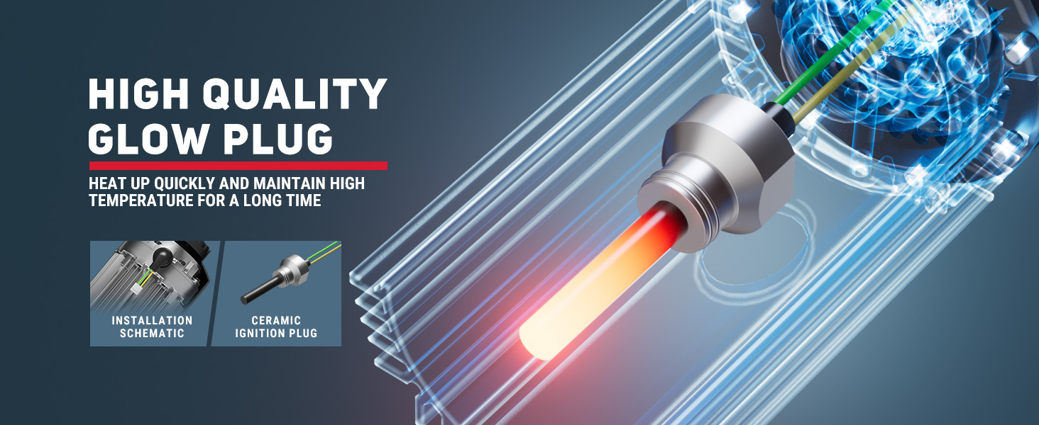 High-quality ceramic glow plug for diesel heaters, designed to heat up quickly and maintain high temperatures, featuring installation schematic and close-up of the glowing ignition plug in operation.