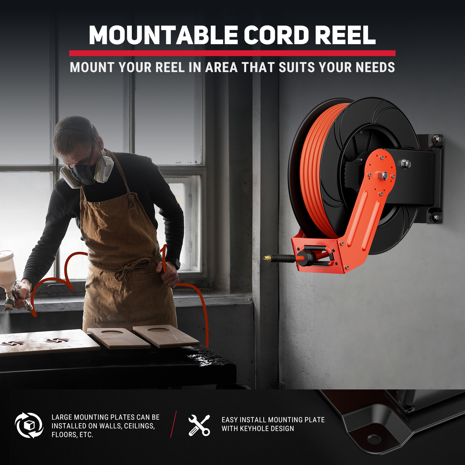 Mountable air hose reel with large plates for wall, ceiling, or floor installation, featuring an easy keyhole design for quick setup, ideal for workshops, garages, and professional use.
