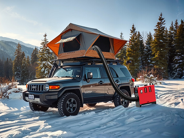Portable diesel heater connected to an SUV with a rooftop tent in a snowy mountain camping scene, providing warmth in winter conditions surrounded by pine trees and a scenic outdoor environment.