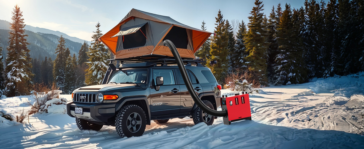 Portable diesel heater connected to an SUV with a rooftop tent in a snowy mountain camping scene, providing warmth in winter conditions surrounded by pine trees and a scenic outdoor environment.