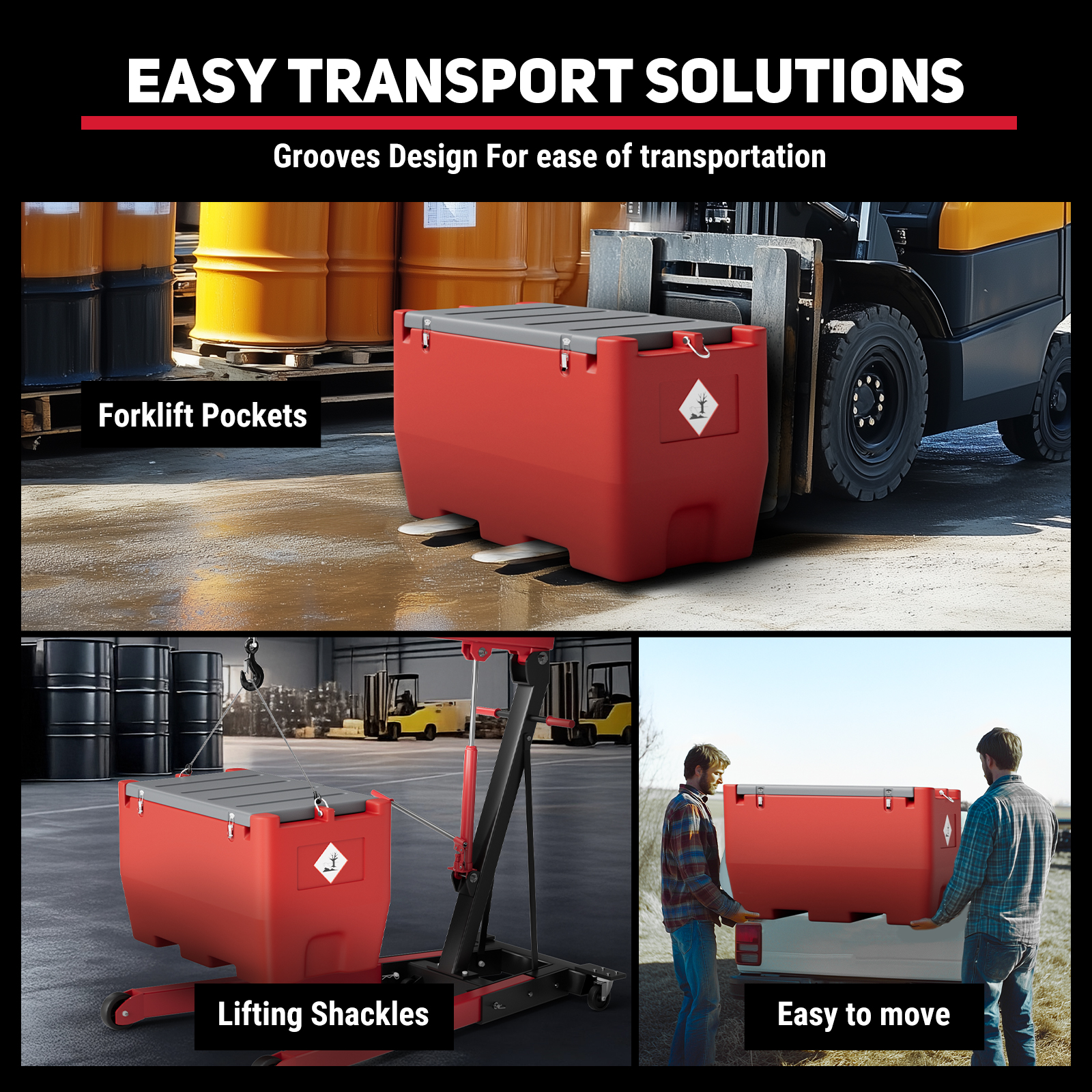 Red fuel tank with forklift pockets, lifting shackles, and portable design for easy transport. Shown being moved by a forklift, lifted by a crane, and loaded onto a truck bed for flexible fuel transfer solutions.