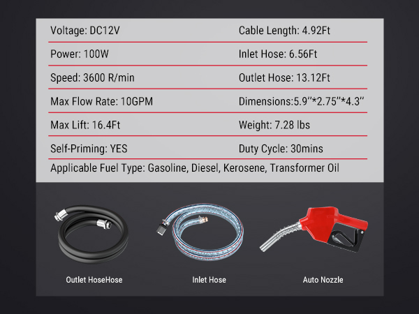 Product details of Brearo 10 GPM 12V fuel transfer pump, featuring specifications such as 100W power, 3200 RPM speed, 16.4 FT suction lift, and included accessories like the outlet hose and auto nozzle.