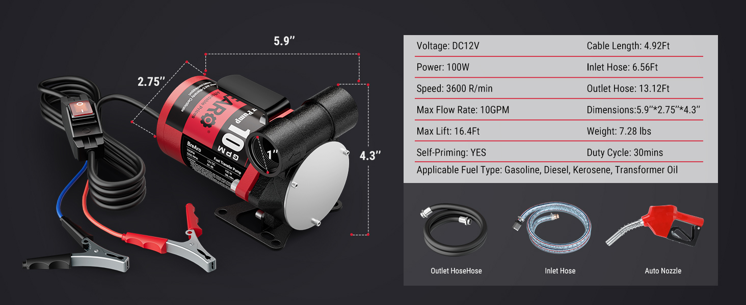 Product details of Brearo 10 GPM 12V fuel transfer pump, featuring specifications such as 100W power, 3200 RPM speed, 16.4 FT suction lift, and included accessories like the outlet hose and auto nozzle.