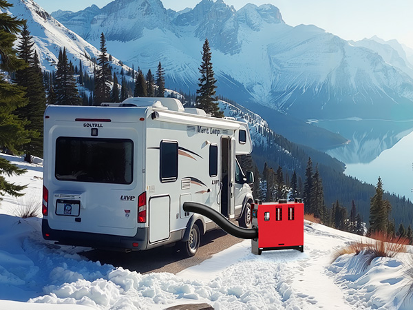 Diesel heater connected to an RV parked on a snowy mountain road, overlooking a scenic frozen lake and surrounded by pine trees, providing warmth for winter travel in cold outdoor conditions.