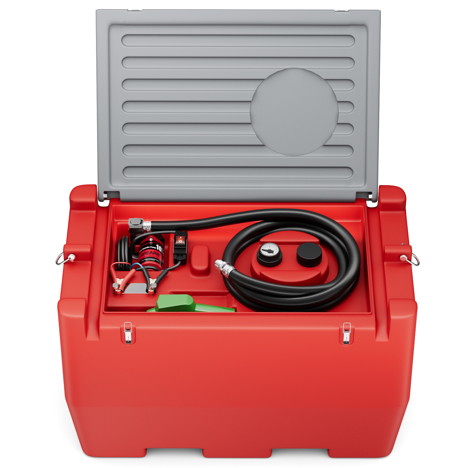 Red fuel storage tank with an open gray lid, showing a fuel transfer pump, coiled black hose, and green automatic nozzle. Designed for gasoline and diesel refueling, ideal for mobile fuel transportation and outdoor use.