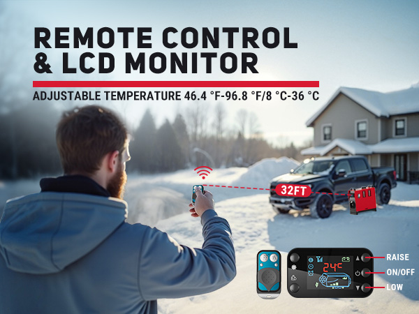 Diesel heater with remote control and LCD monitor, allowing temperature adjustment (46.4°F-96.8°F/8°C-36°C) from up to 32ft away, demonstrated in a snowy outdoor setting near a vehicle.