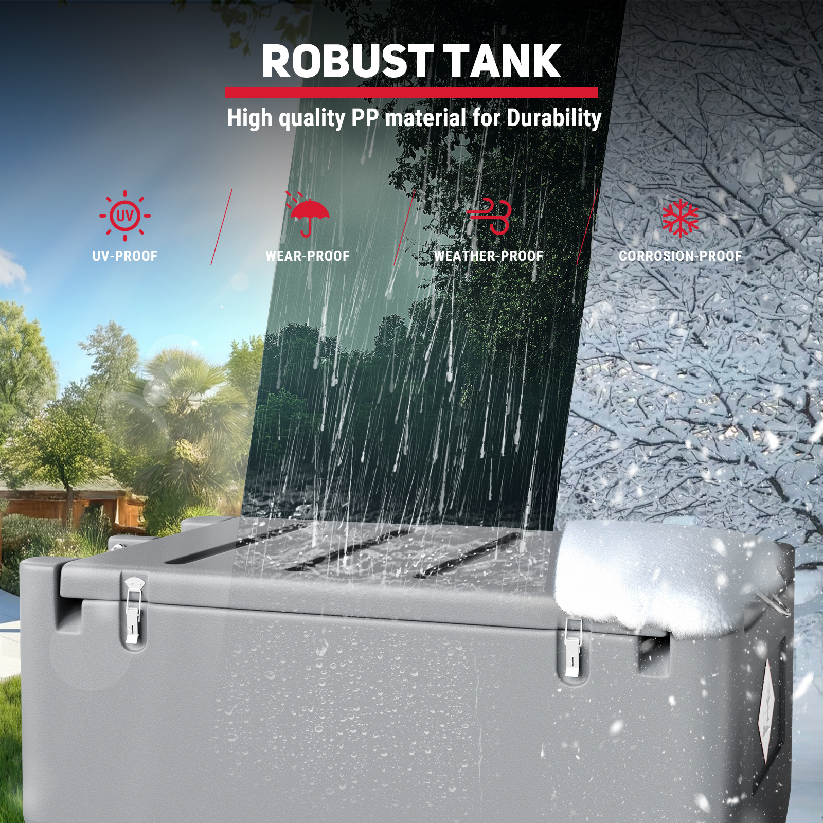 Grey 50-gallon fuel tank with high-quality PP material, featuring UV-proof, wear-proof, weather-proof, and corrosion-proof properties. Withstands rain, snow, and sun, ideal for outdoor fuel storage in tough environments.