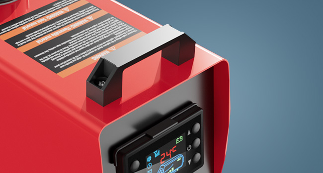 Close-up of a sturdy carry handle on a red diesel air heater, with an LCD control panel displaying 24°C. The design ensures easy portability, and the top includes a visible instruction label.