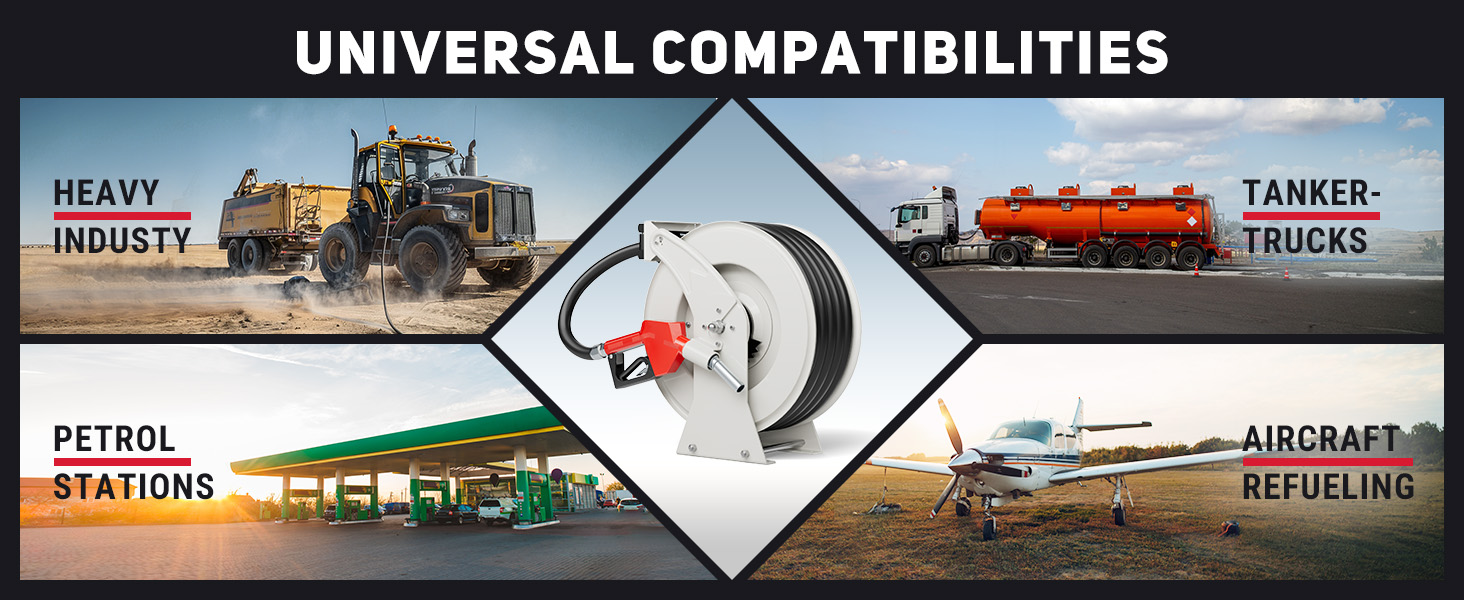 Fuel hose reel compatible with heavy industry, tanker trucks, petrol stations, and aircraft refueling. Ideal for diverse applications requiring efficient fuel transfer in various environments.