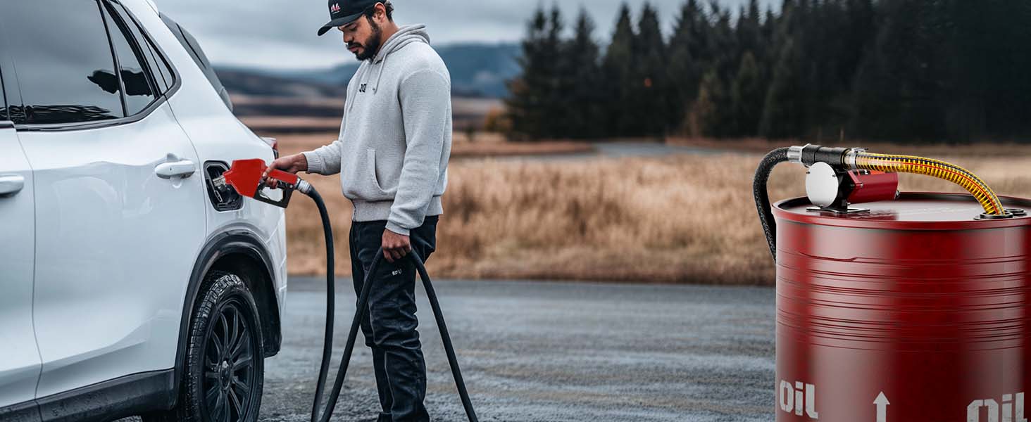 A man fueling his vehicle using the Brearo 10 GPM fuel transfer pump from a barrel. The image highlights the practical use of the pump in outdoor environments for fast and stable fuel transfer.