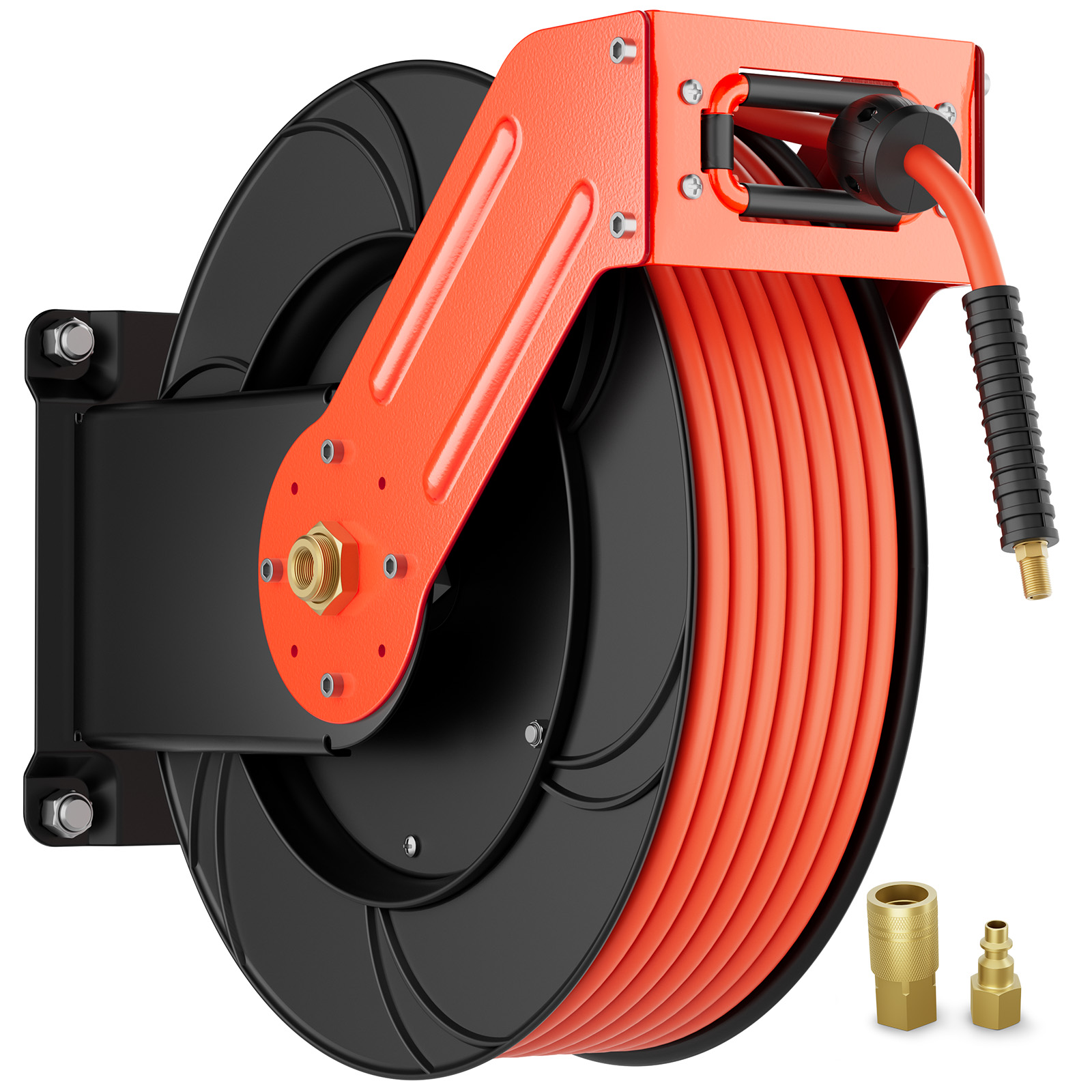 Wall-mounted retractable air hose reel with dual-arm steel frame, 65 ft orange hose, brass fittings, and a durable black and orange finish for heavy-duty use in workshops or garages.