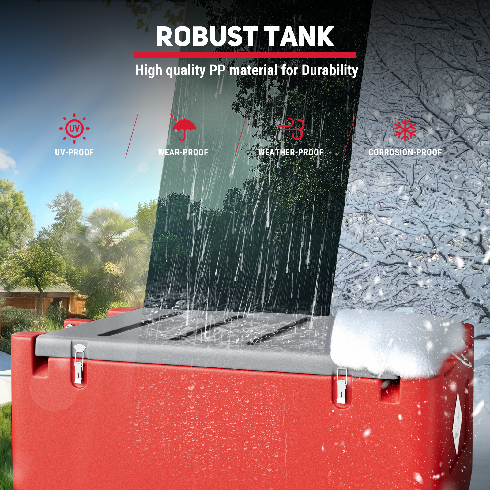 Red fuel tank demonstrating durability in various conditions: UV-proof under sunlight, wear-proof in rain, weather-proof in storms, and corrosion-proof in snow. Made from high-quality PP material for robust and long-lasting performance.