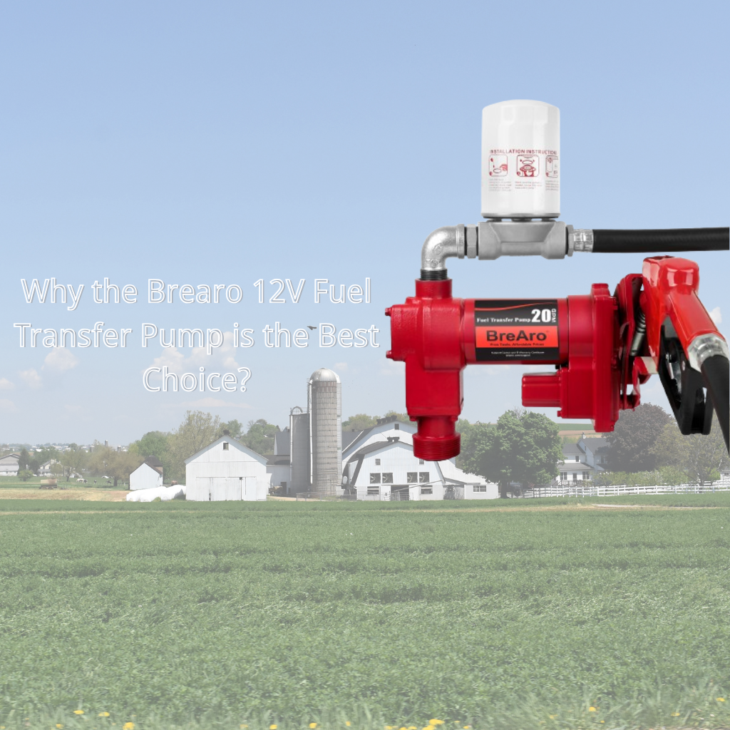 Brearo 12V Fuel Transfer Pump mounted in a farm setting, highlighting its high-flow 20 GPM motor and automatic shut-off nozzle.