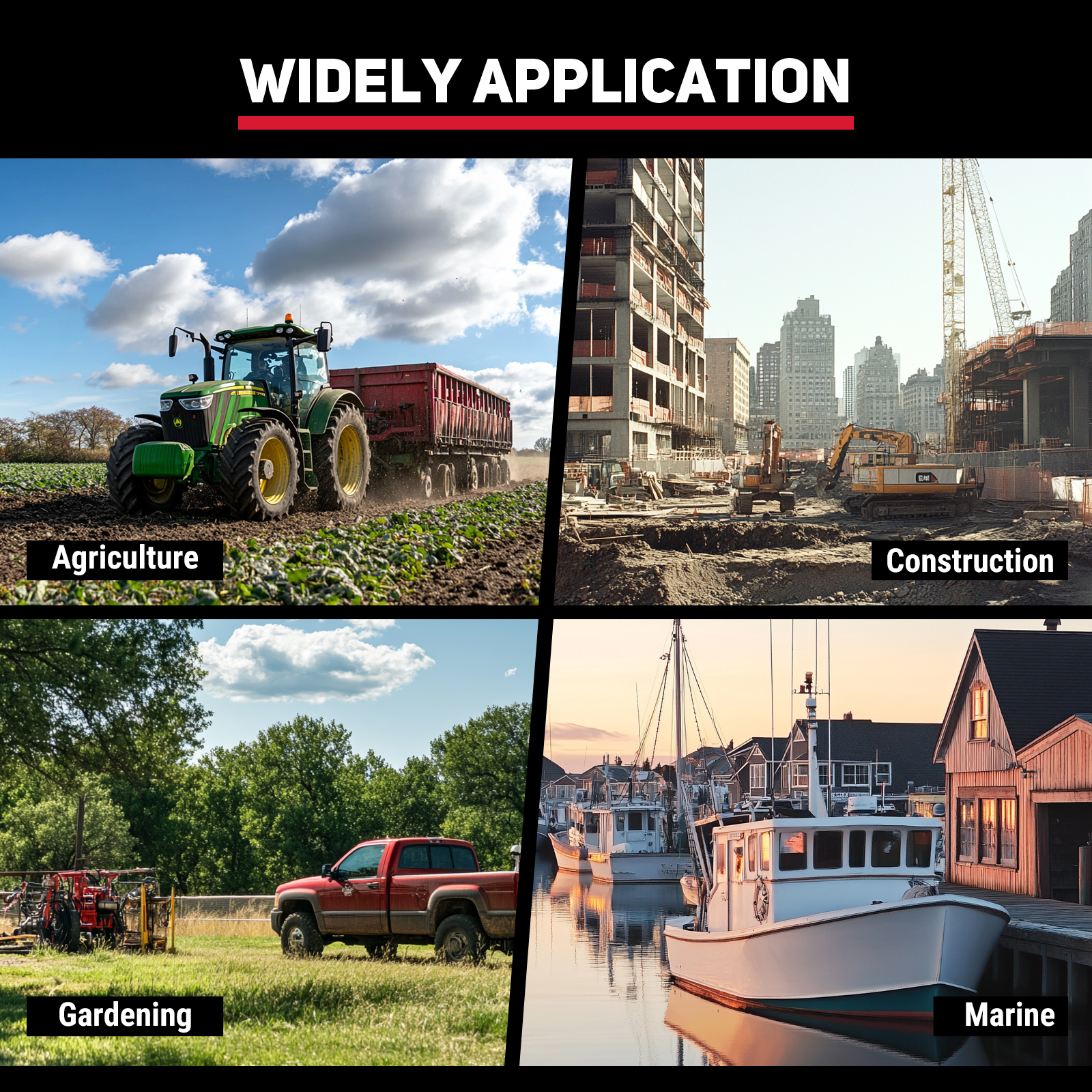 The image showcases the wide application of a fuel tank across various industries. Top left: Agriculture with a tractor in a field. Top right: Construction site with heavy machinery. Bottom left: Gardening with equipment and a truck. Bottom right: Marine with boats docked at a harbor.