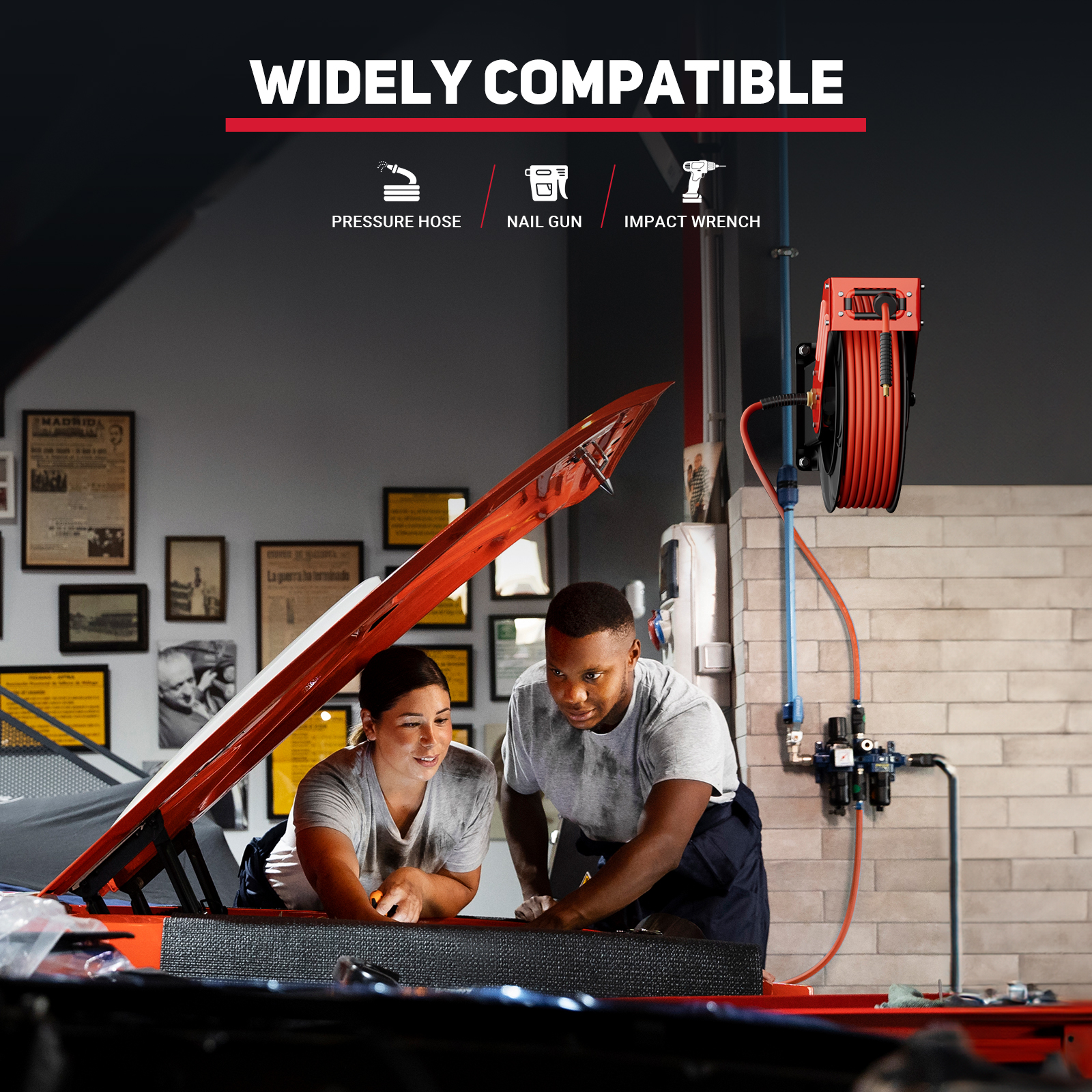 Widely compatible air hose reel in a garage setup, ideal for use with pressure hoses, nail guns, and impact wrenches, enhancing productivity for automotive repairs and workshop tasks.