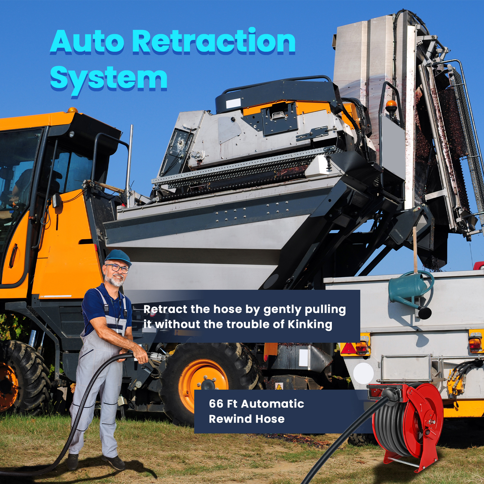 A farmer using a 66FT retractable diesel fuel hose reel near a heavy-duty agricultural machine, highlighting the auto-retraction system for kink-free and efficient fuel dispensing.