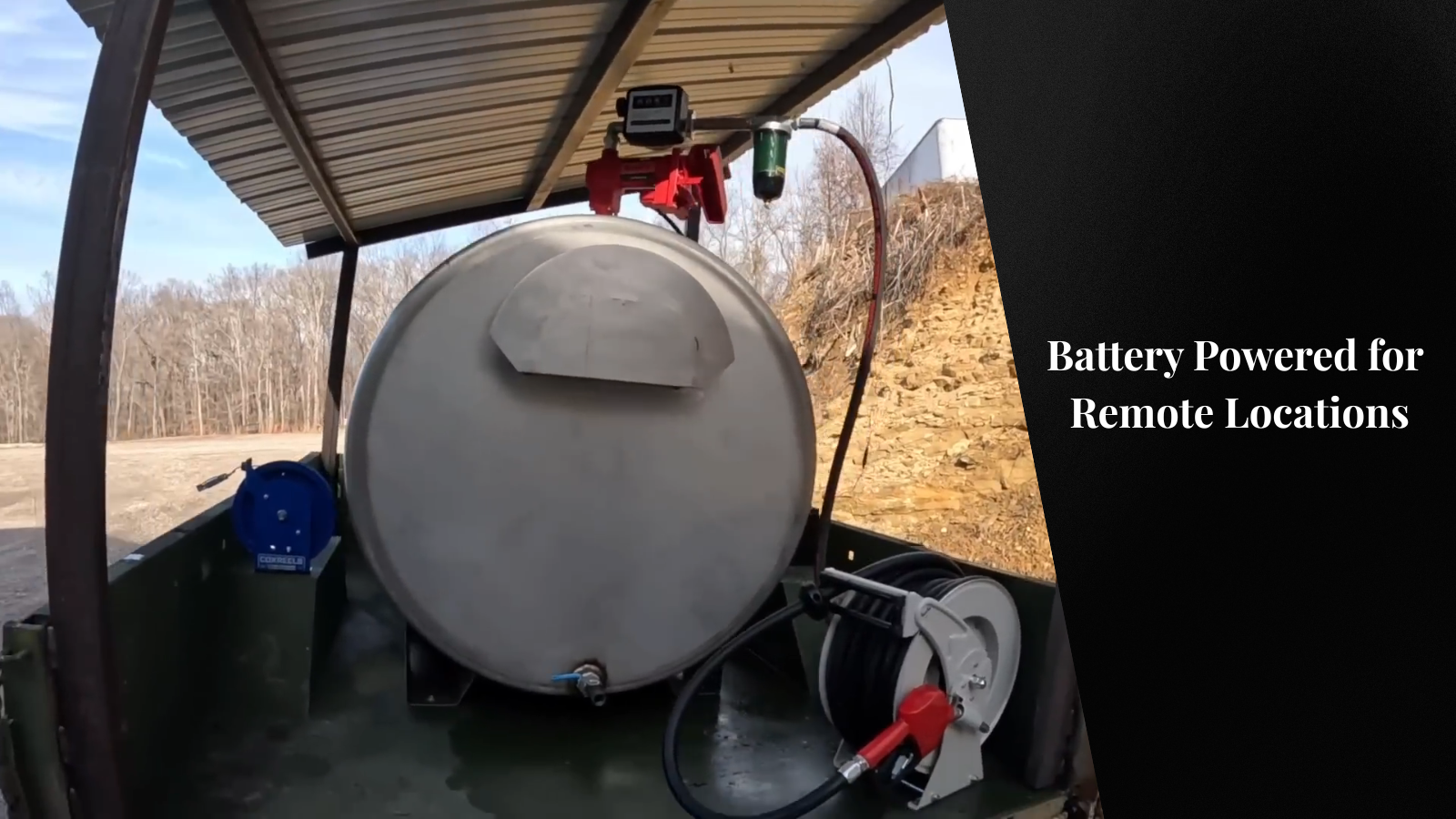 Battery operated fuel transfer pump used for fueling in a remote location, showcasing off-grid fueling solution with clear visibility of equipment in the field.