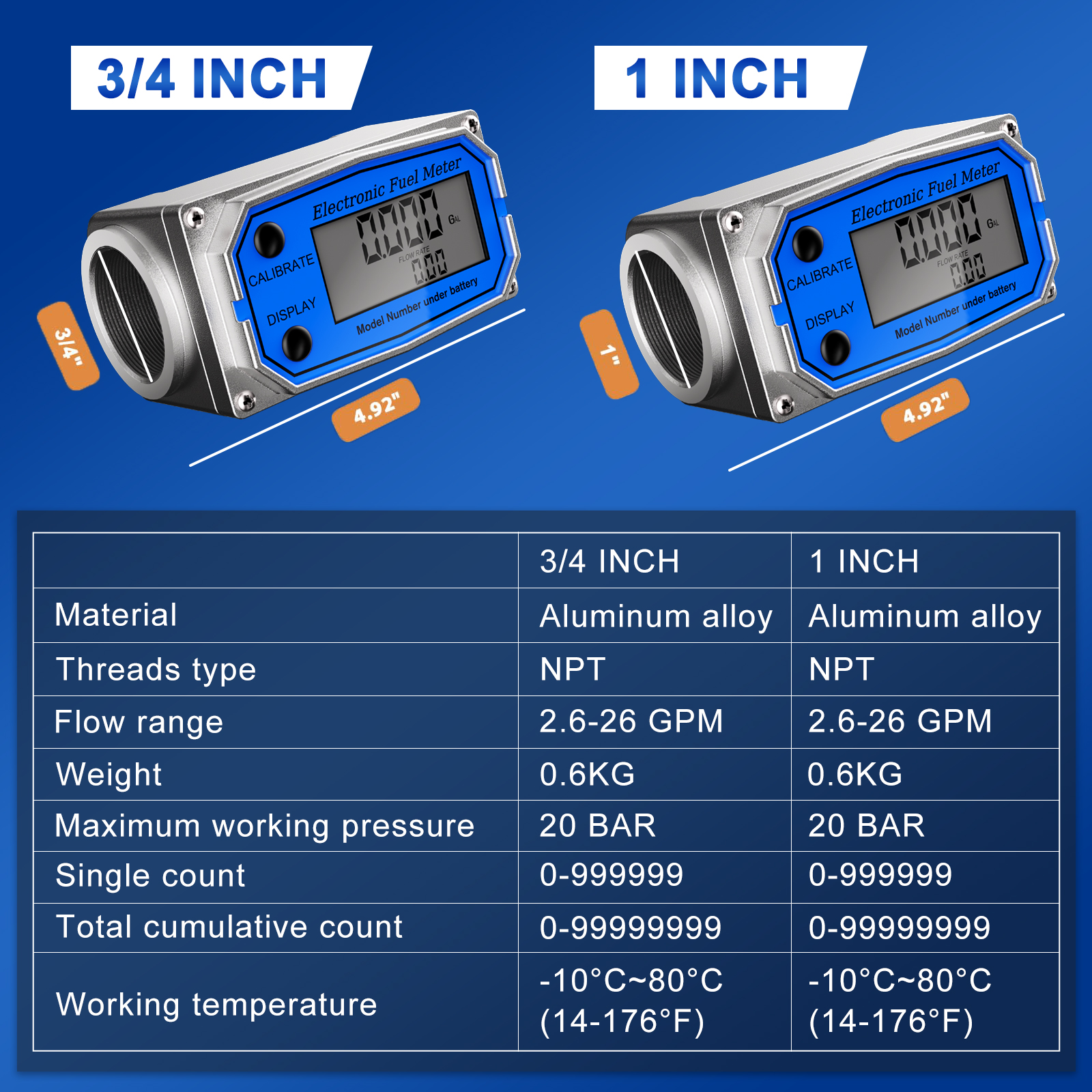 Brearo digital fuel flow meter size comparison for 3/4 inch and 1 inch models, showing aluminum alloy body, NPT threads, 2.6–26 GPM flow range, 20 bar pressure, and operating temperature from -10°C to 80°C