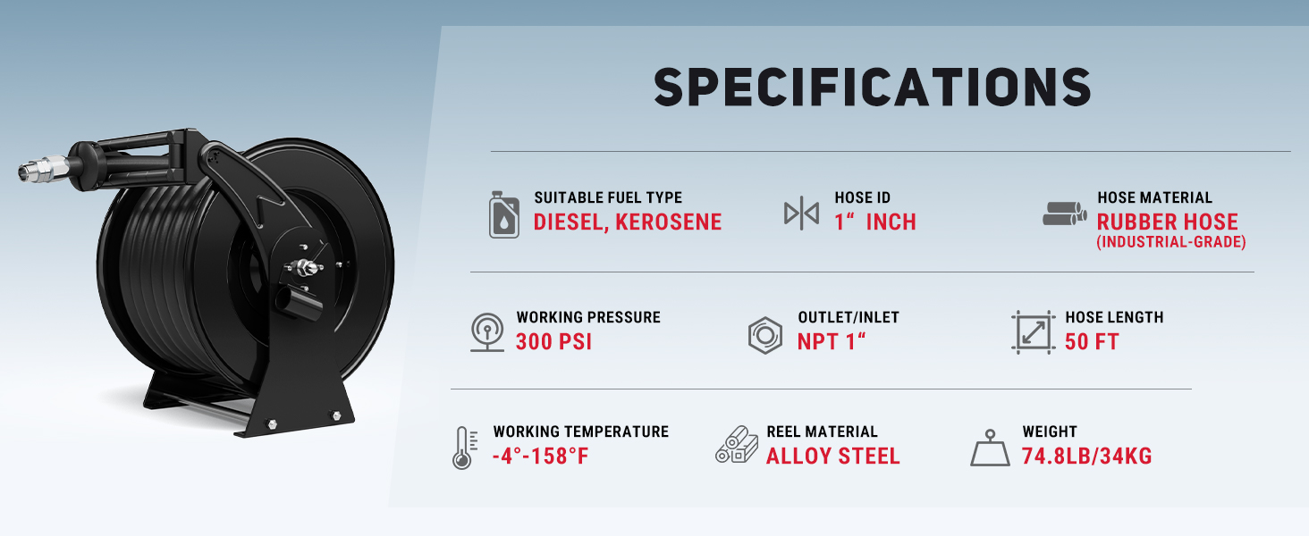 BreAro 1" x 50ft Diesel Hose Reel specifications: Designed for diesel and kerosene, with a 300 PSI pressure rating, industrial-grade rubber hose, and alloy steel reel construction. Features NPT 1" inlet/outlet, suitable for harsh environments.