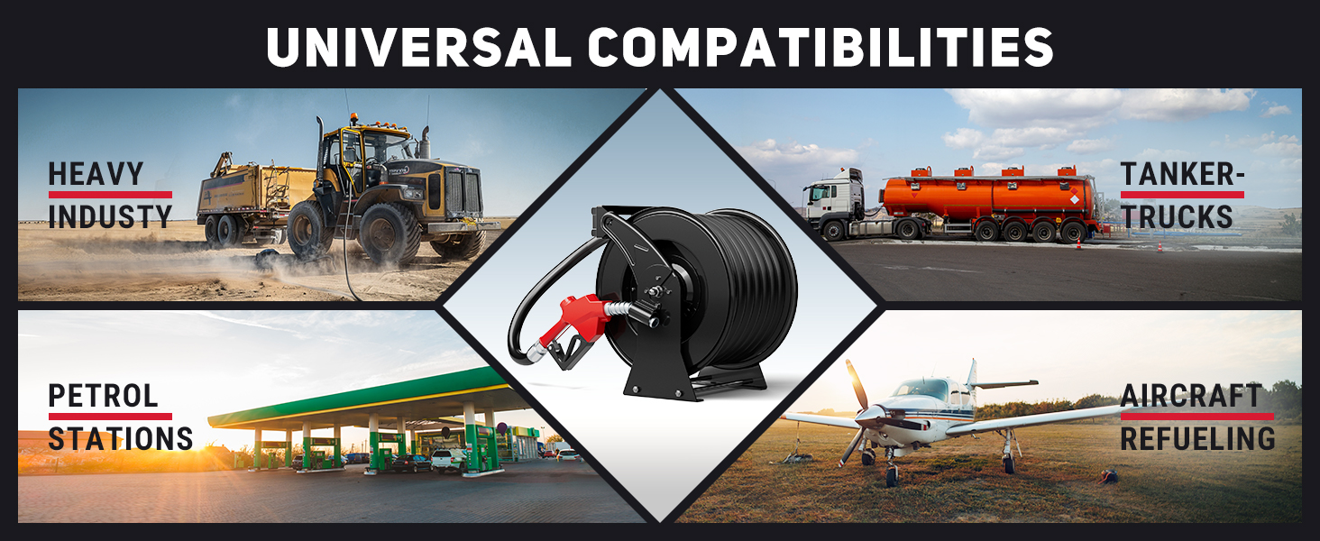 BreAro 1" x 50ft Diesel Hose Reel with universal compatibility for heavy industry, petrol stations, tanker trucks, and aircraft refueling. Ideal for a wide range of fueling applications.