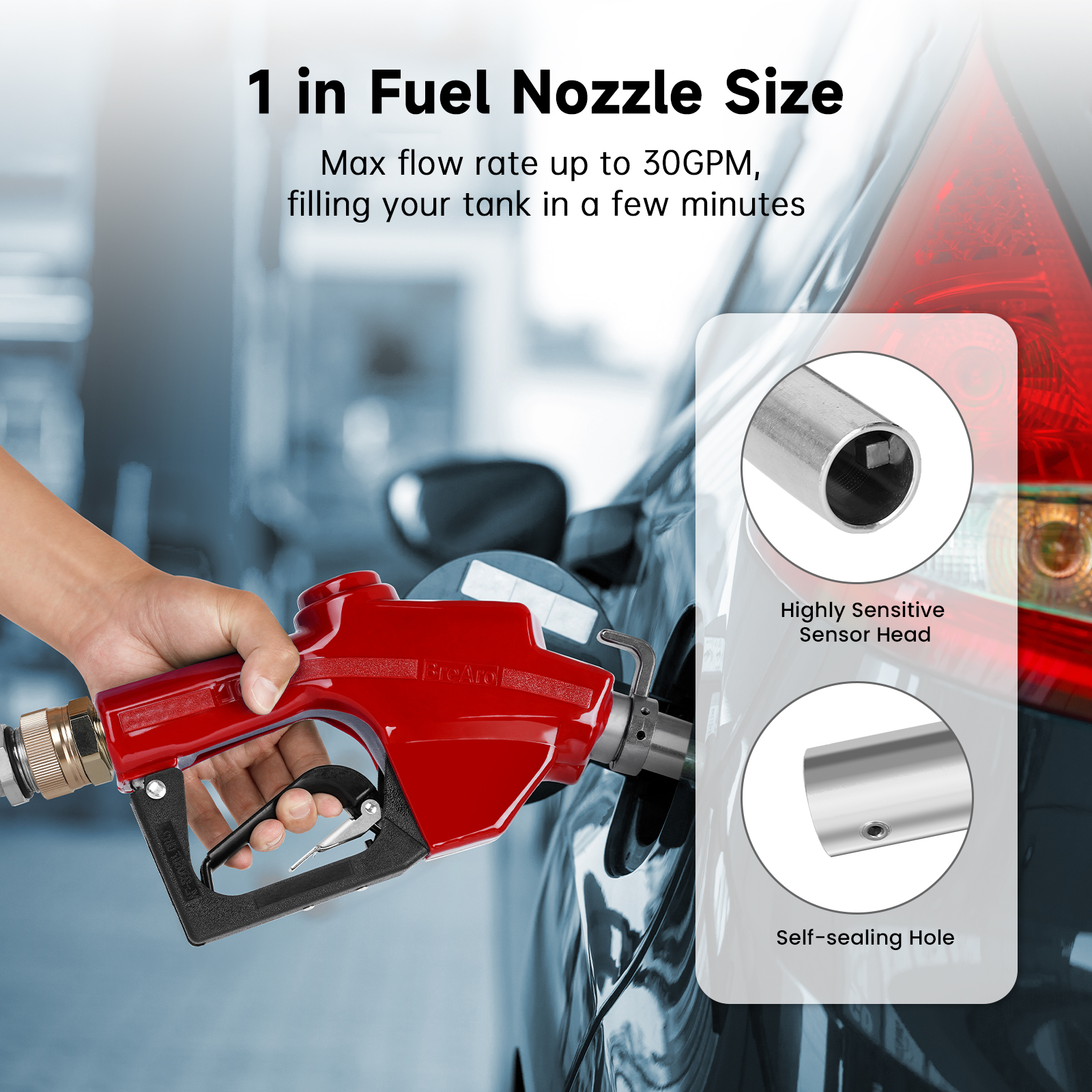 BreAro red 1-inch automatic fuel nozzle refueling a vehicle, with close-up views of the sensitive shut-off sensor head and sensing port. Supports flow rates up to 30 GPM.
