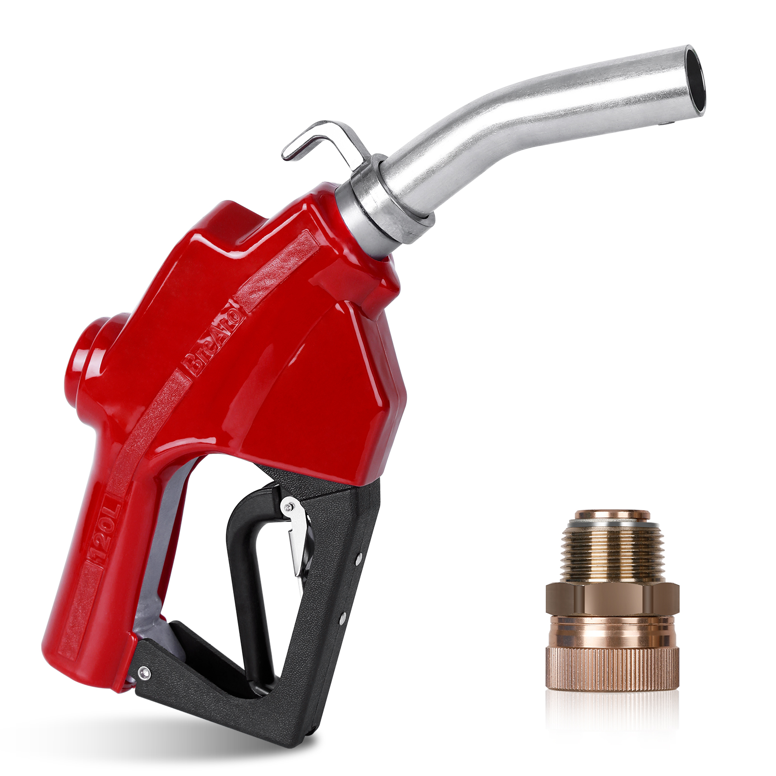 Red BreAro 1-inch automatic fuel nozzle with curved metal spout and separate 360° brass swivel fitting, designed for high-flow diesel and gasoline transfer systems.