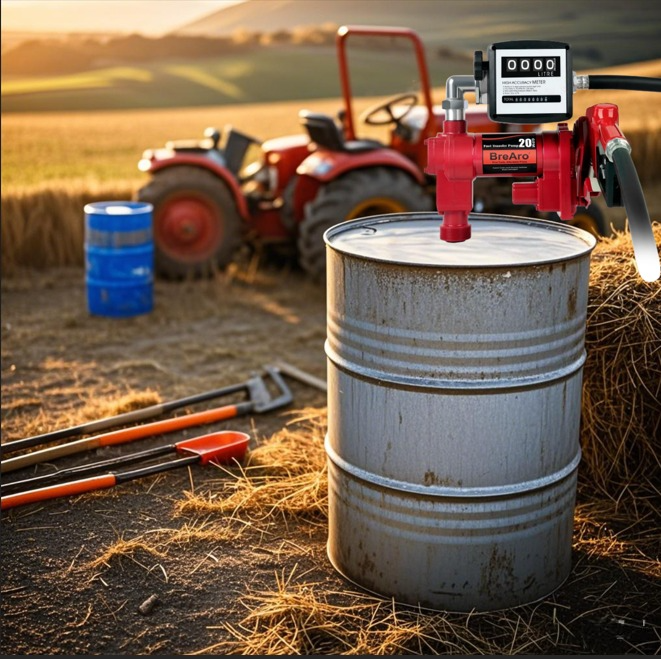 Brearo 12V fuel transfer pump mounted on a metal barrel in a rural farm setting, with a red tractor and blue fuel drums in the background.