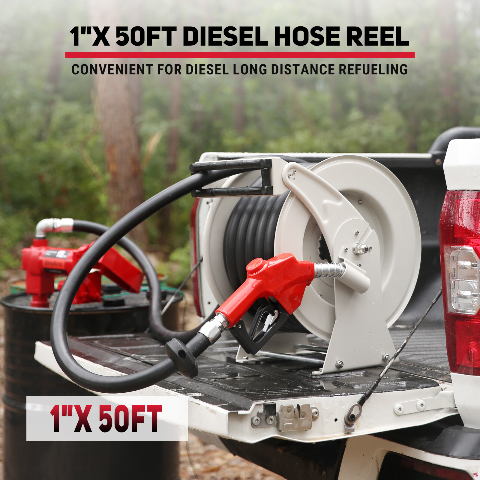 BreAro 1" x 50ft diesel fuel hose reel mounted on pickup truck for long-distance outdoor refueling, featuring spring rewind reel, red automatic nozzle, and flexible rubber hose in a forest worksite setting.