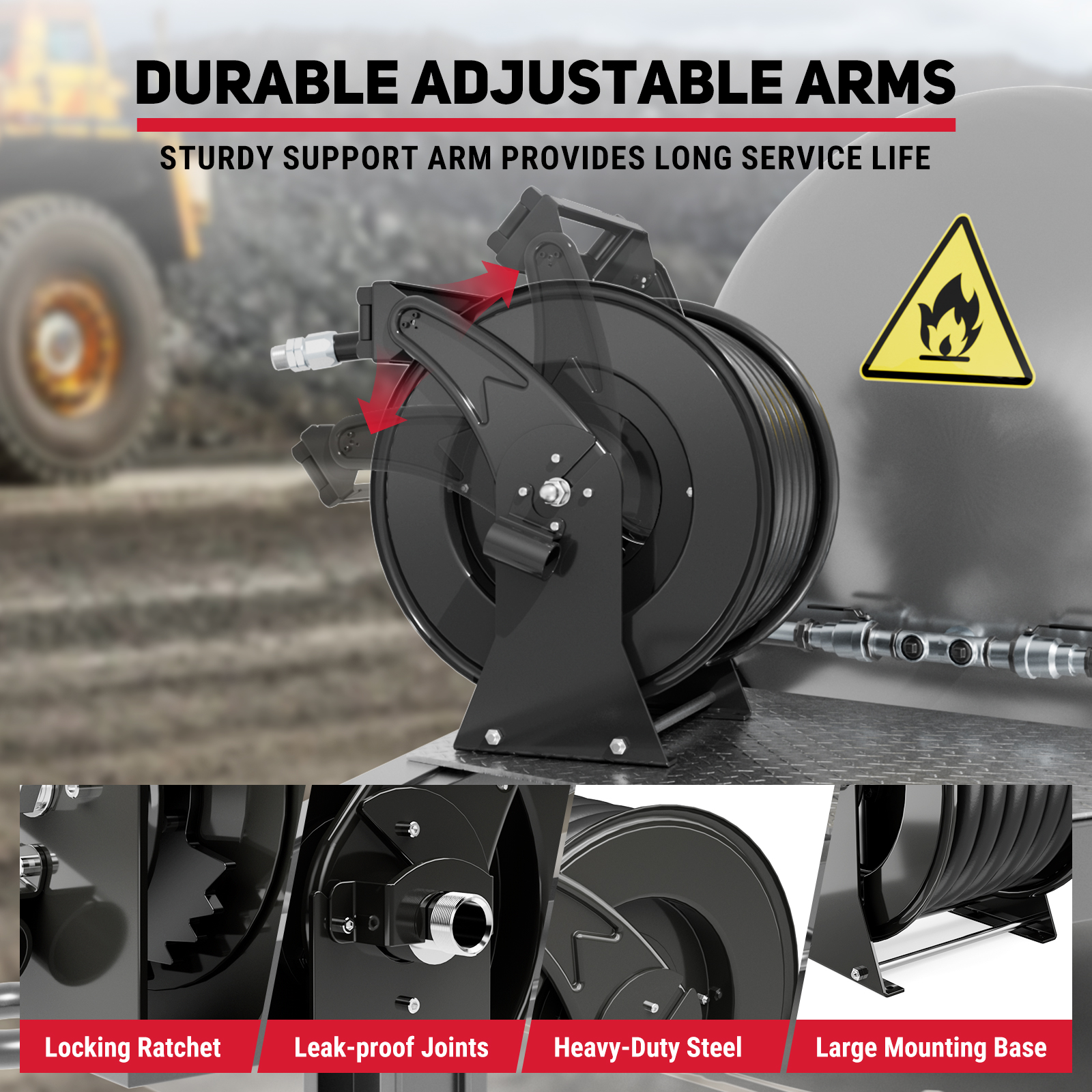 Black BreAro 1" x 50ft diesel hose reel with durable adjustable dual arms, locking ratchet, leak-proof joints, heavy-duty steel frame, and large mounting base for industrial applications.