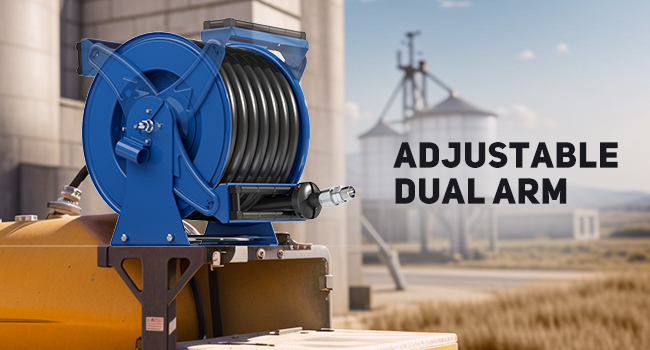 BreAro 1" x 50' Diesel Fuel Hose Reel with adjustable dual arms for flexible positioning. Perfect for efficient and stable fuel transfer in industrial and commercial environments.