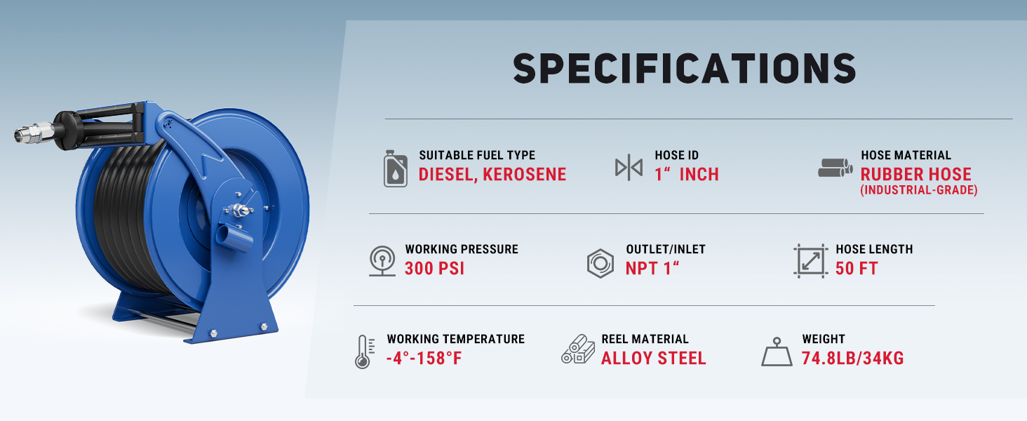 BreAro 1" x 50' Retractable Diesel Fuel Hose Reel with 300 PSI working pressure. Made of alloy steel, suitable for diesel and kerosene. Includes industrial-grade rubber hose, NPT 1" inlet/outlet.
