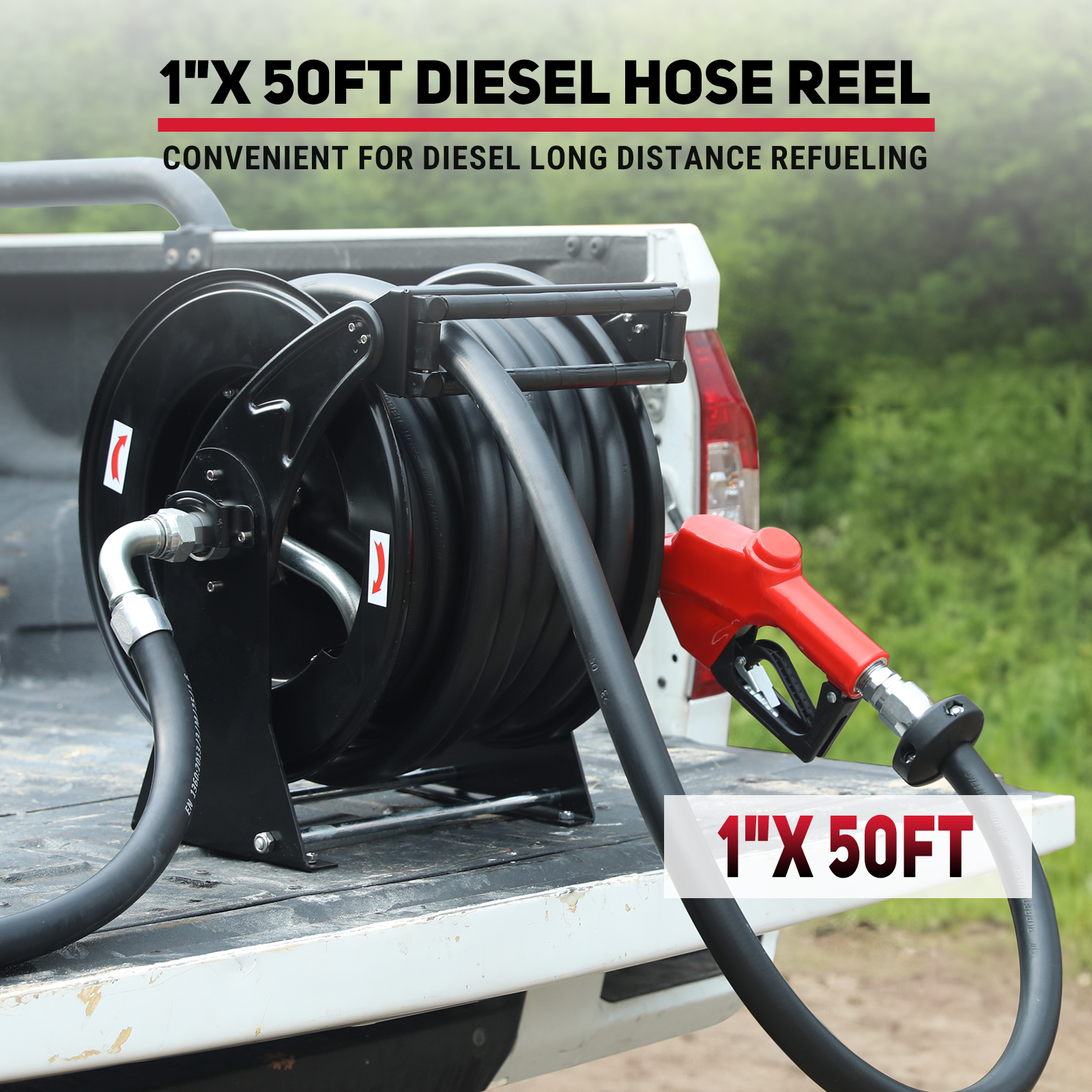 BreAro 1" x 50ft diesel hose reel for long-distance refueling. Includes automatic fueling nozzle, designed for diesel use. Ideal for vehicles, machinery, and equipment with a robust construction for heavy-duty tasks.