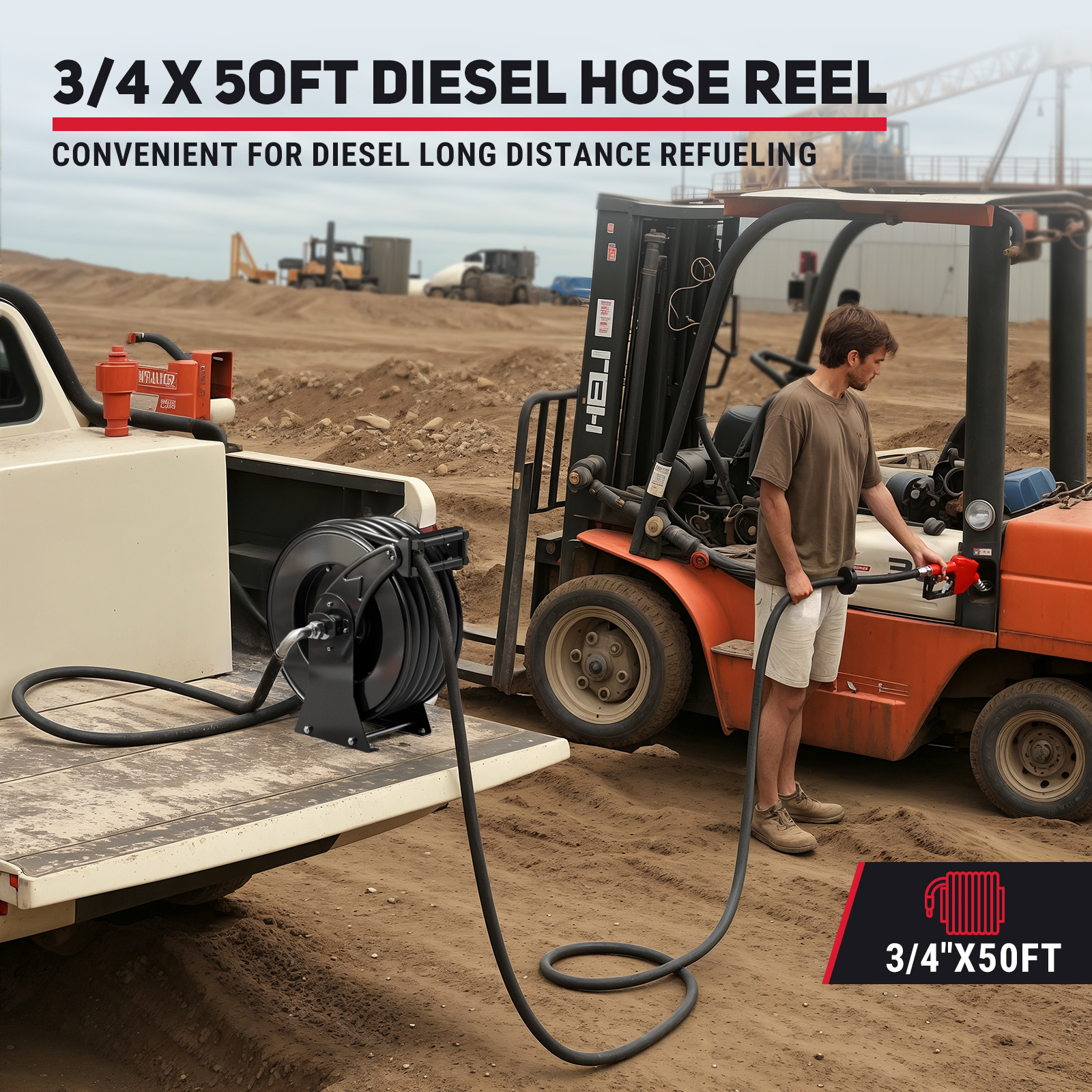 Man using BreAro 3/4" x 50ft retractable diesel fuel hose reel to refuel a forklift on a construction site, demonstrating long-distance diesel transfer from truck to equipment with red automatic nozzle.