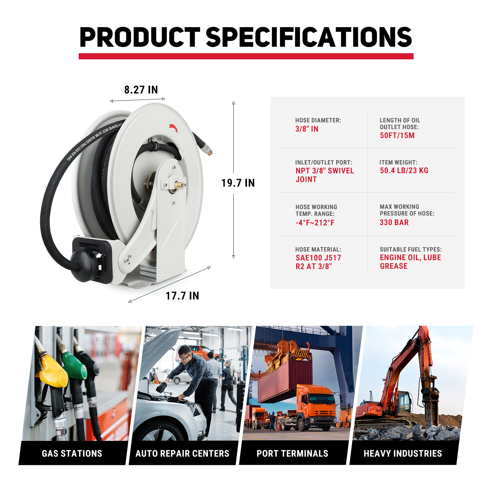 BreAro 3/8" x 50' retractable oil hose reel with specifications: 330 BAR working pressure, NPT 3/8" swivel joint, and suitable for engine oil and lubricant grease. Ideal for gas stations, auto repair centers, port terminals, and heavy industrial applications.