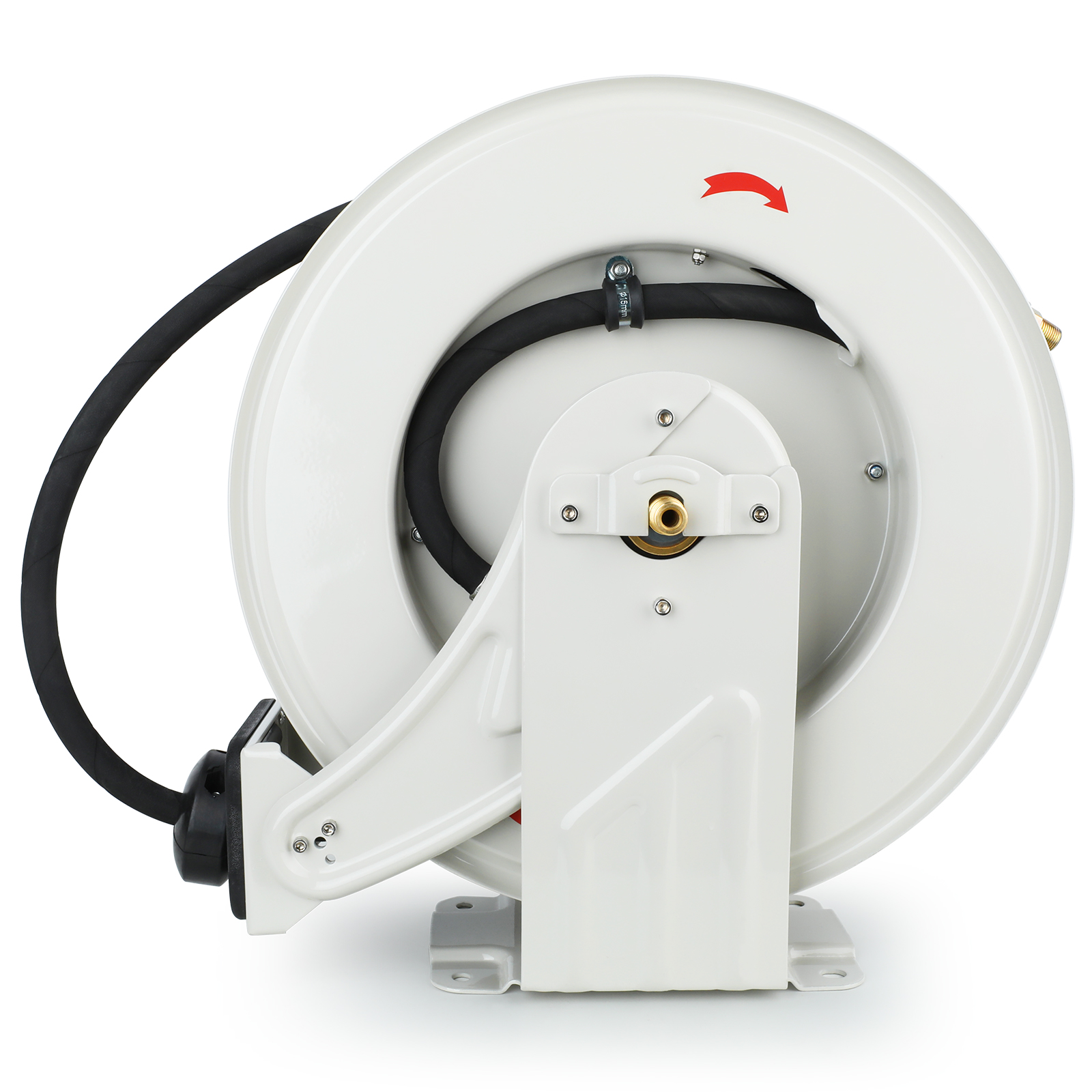 BreAro 3/8" x 50' retractable oil hose reel with white powder-coated steel construction, showing the back view. Features a durable hose and spring-driven retraction system for smooth and efficient hose storage, ideal for industrial fueling applications.