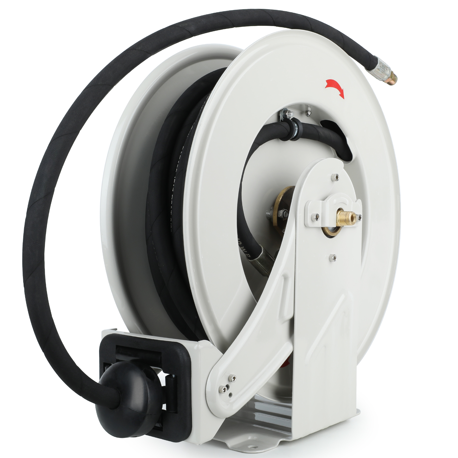 BreAro 3/8" x 50' retractable oil hose reel with heavy-duty steel construction, featuring a white powder-coated finish, smooth hose retraction system, and durable hose for industrial fueling applications.