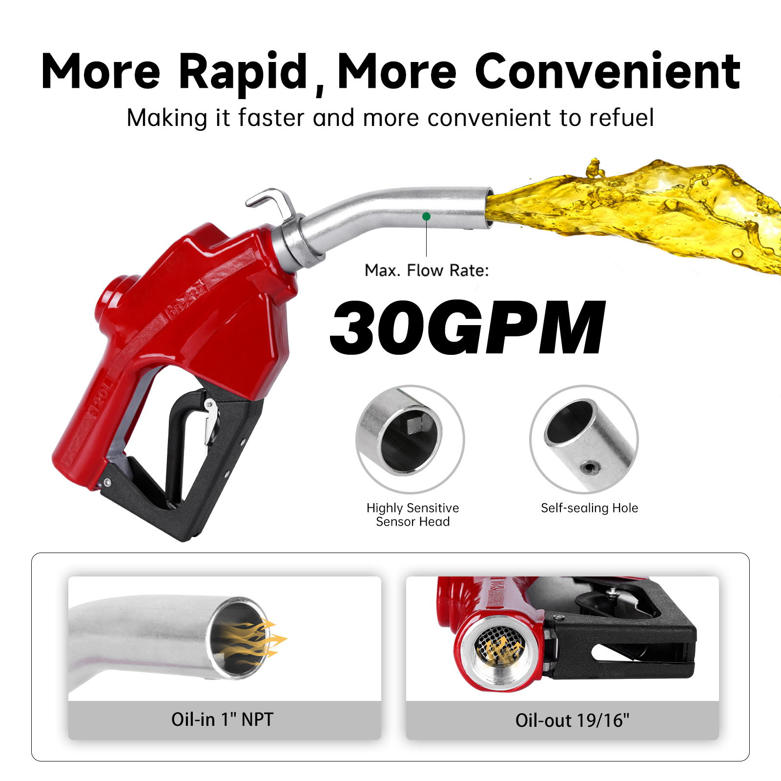 BreAro red 1-inch automatic fuel nozzle highlighting up to 30 GPM flow, a sensitive shut-off sensor, sensing port, 1-inch NPT inlet and 1-3/16-inch spout outlet.