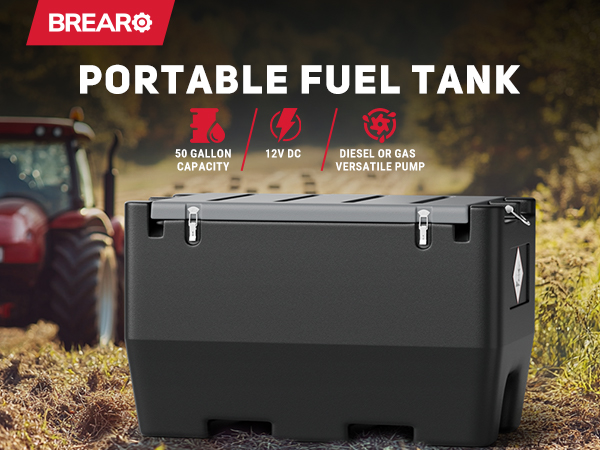 BreAro 50-gallon portable fuel tank in black, featuring a 12V DC pump, large capacity, and compatibility with diesel and gasoline. Ideal for mobile refueling on farms, construction sites, and outdoor use.