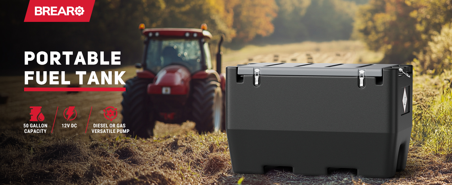 BreAro 50-gallon portable fuel tank in black, featuring a 12V DC pump, large capacity, and compatibility with diesel and gasoline. Ideal for mobile refueling on farms, construction sites, and outdoor use.