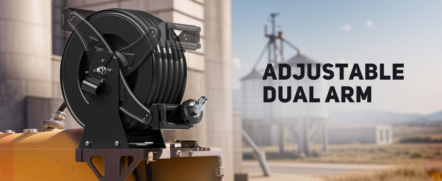 BreAro diesel fuel hose reel mounted on machinery, featuring an adjustable dual-arm support system for enhanced stability and flexible positioning in industrial refueling applications.