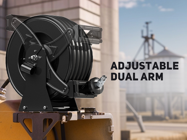 BreAro diesel fuel hose reel mounted on machinery, featuring an adjustable dual-arm support system for enhanced stability and flexible positioning in industrial refueling applications.