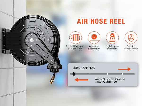 BreAro air hose reel with 3/8" x 50 ft premium rubber hose, abrasion resistance, high impact resistance, durable steel frame, auto-lock stop, smooth auto-rewind, and auto-guidance for convenience.