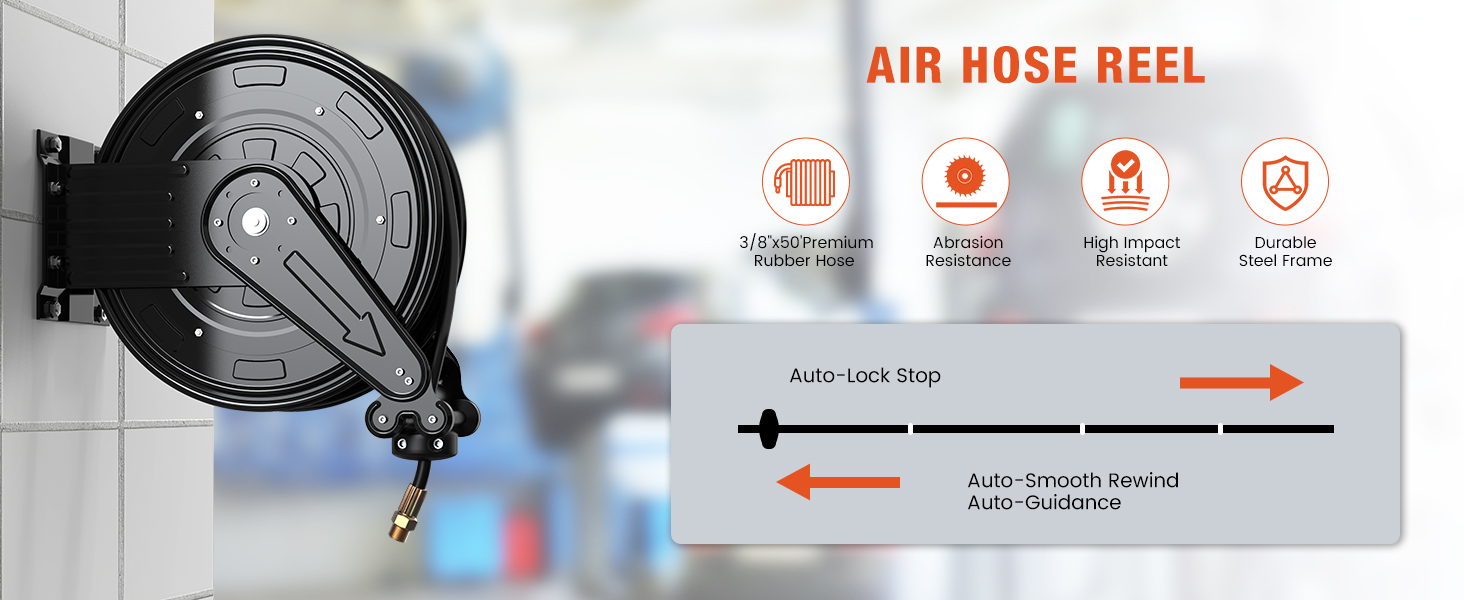 BreAro air hose reel with 3/8" x 50 ft premium rubber hose, abrasion resistance, high impact resistance, durable steel frame, auto-lock stop, smooth auto-rewind, and auto-guidance for convenience.
