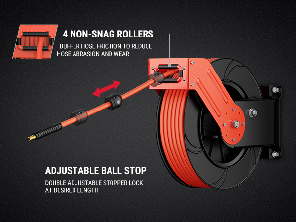 BreAro air reel with 4 non-snag rollers to reduce hose friction and wear, plus an adjustable ball stop for locking the hose at the desired length. Built for durability and smooth operation.