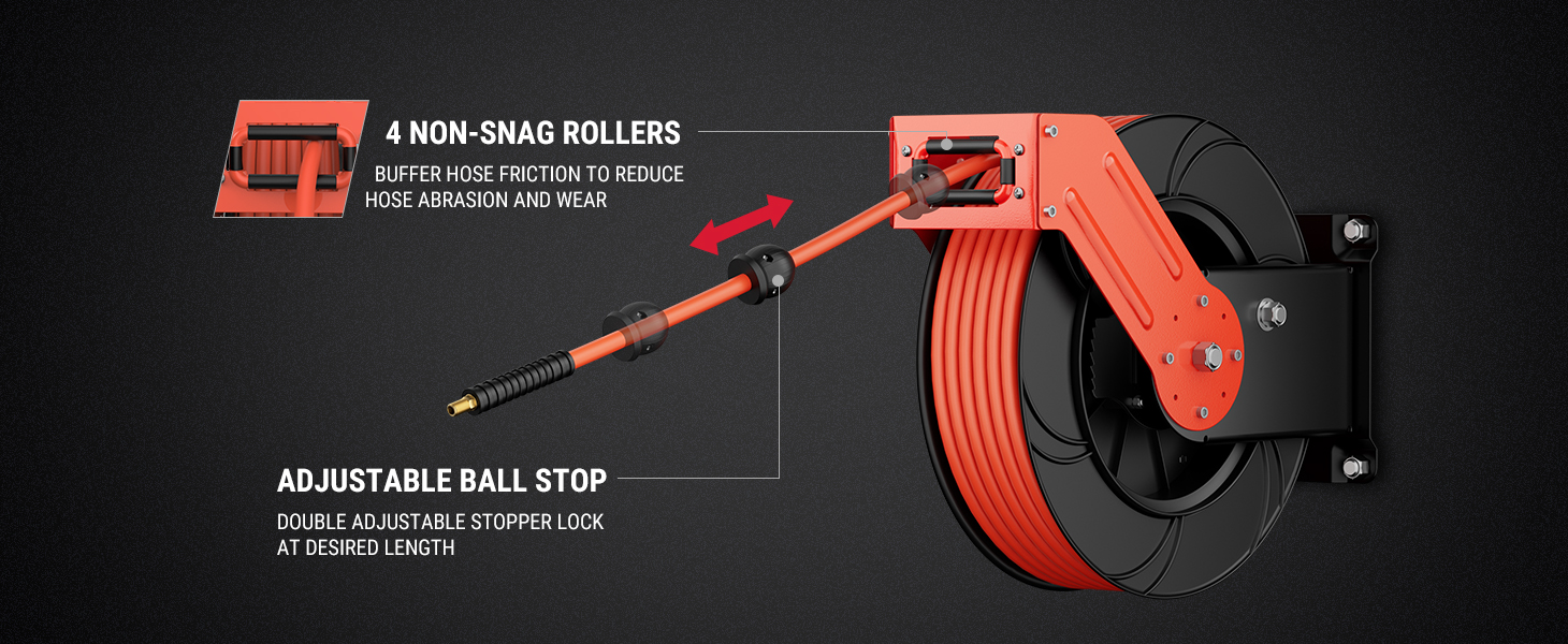 BreAro air reel with 4 non-snag rollers to reduce hose friction and wear, plus an adjustable ball stop for locking the hose at the desired length. Built for durability and smooth operation.